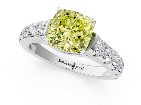 White gold Fancy Yellow Cushion  Cut Diamond Solitaire Ring with Micro Pave Band and Prong Setting