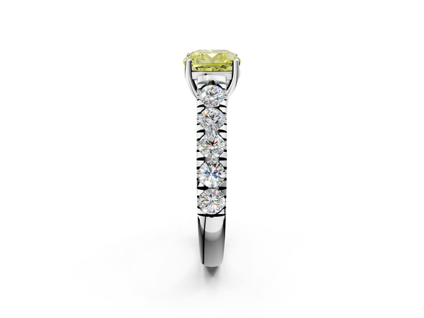 White gold Fancy Yellow Cushion  Cut Diamond Solitaire Ring with Micro Pave Band and Prong Setting
