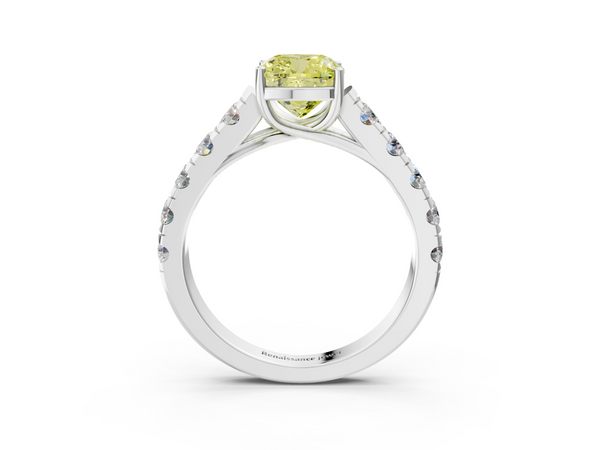 White gold Fancy Yellow Cushion  Cut Diamond Solitaire Ring with Micro Pave Band and Prong Setting