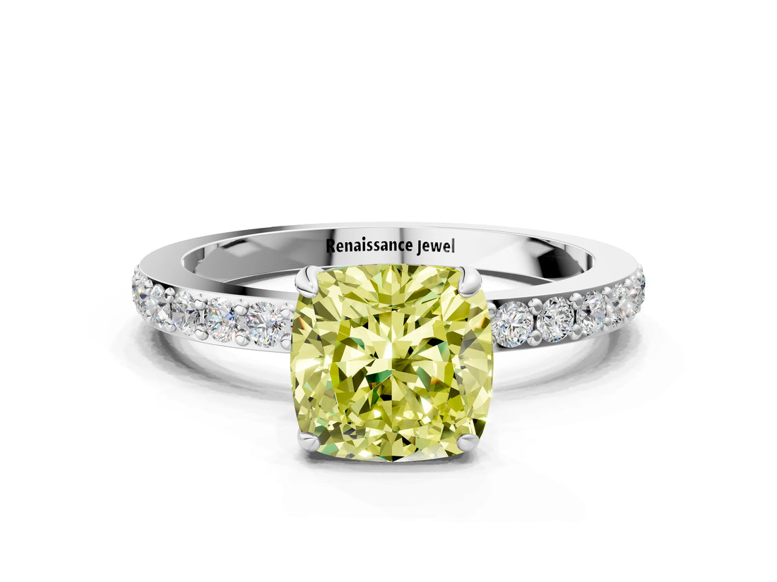 White gold Fancy Yellow Cushion Cut Diamond Pavé Engagement Ring with Round  Accents and Prong Setting_130