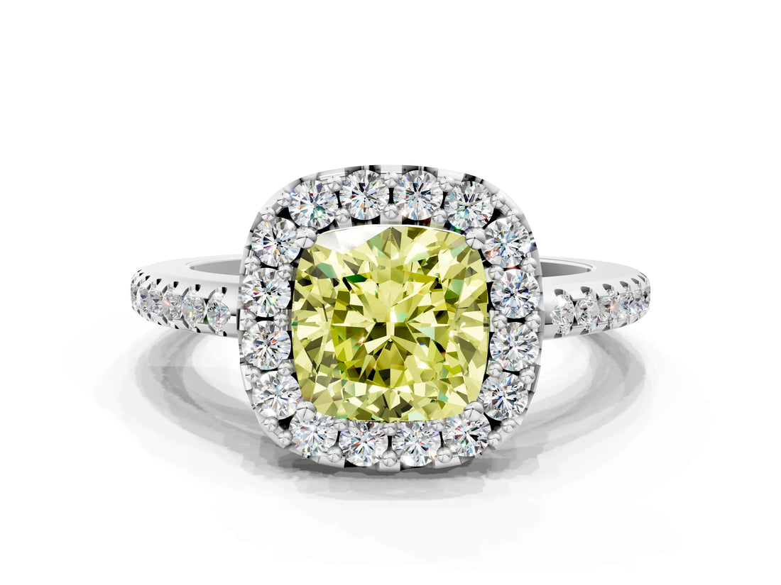 White gold Fancy Yellow Cushion Cut Diamond Pavé Halo Ring with Four-Prong Setting_60