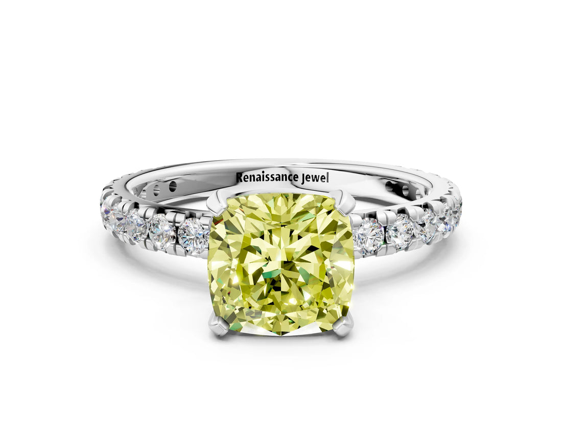 White gold Fancy Yellow Cushion Cut Diamond Pavé Solitaire Ring with Round Band and Prong Setting_13
