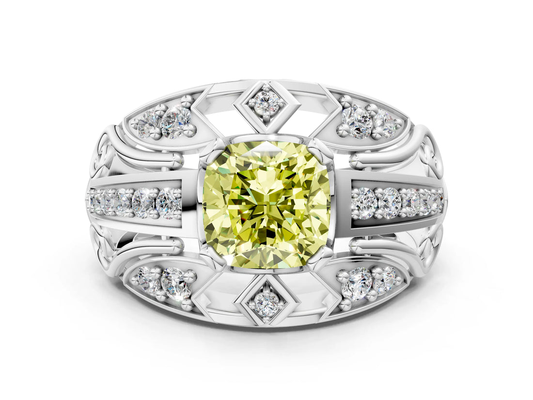 White gold Fancy Yellow Cushion Cut Diamond Pave Art Deco Split Shank Ring with Four-Prong Setting