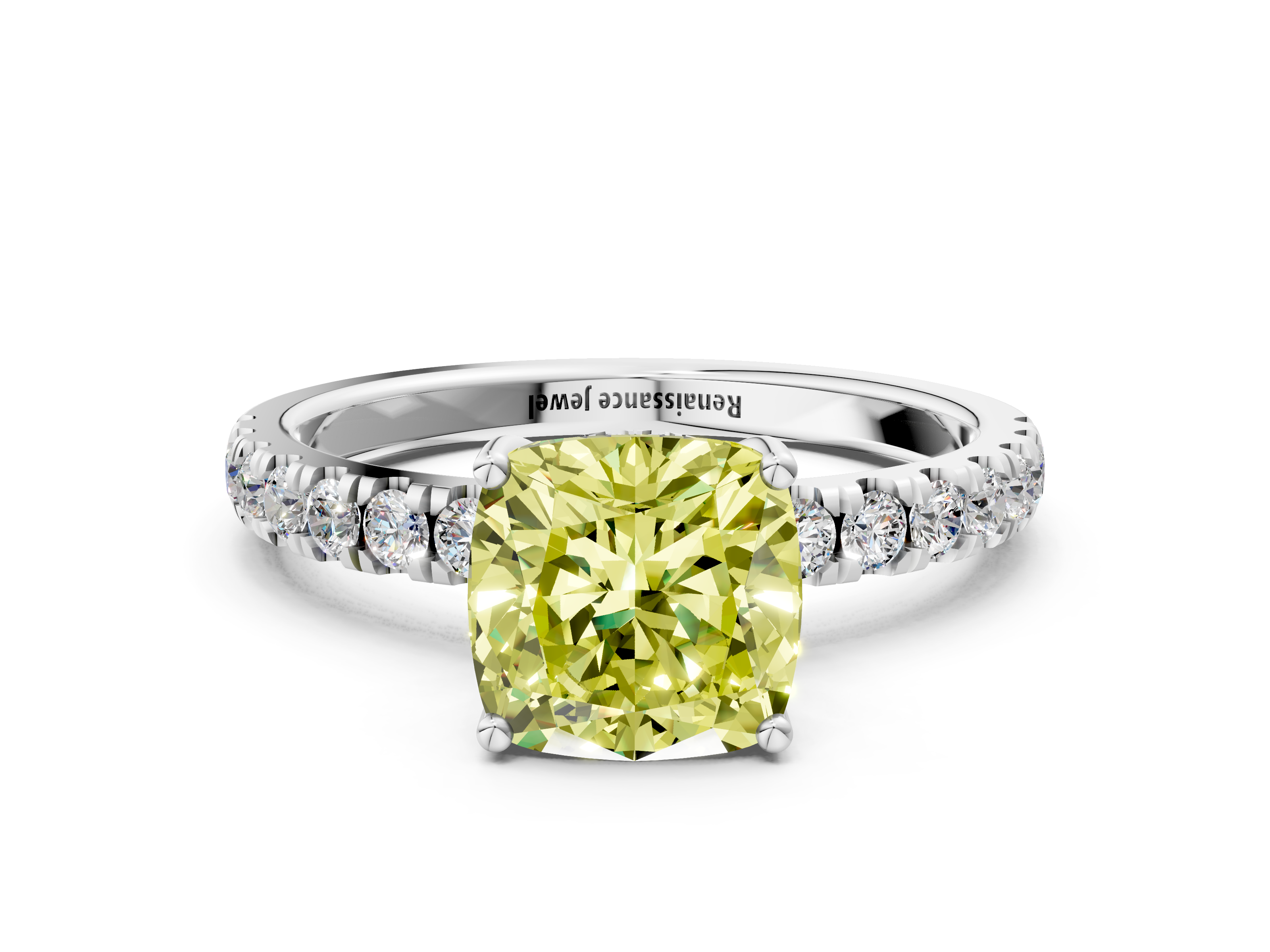 White gold Fancy Yellow Cushion  Cut Diamond Pave Band Solitaire Ring with Four-Prong Setting_24
