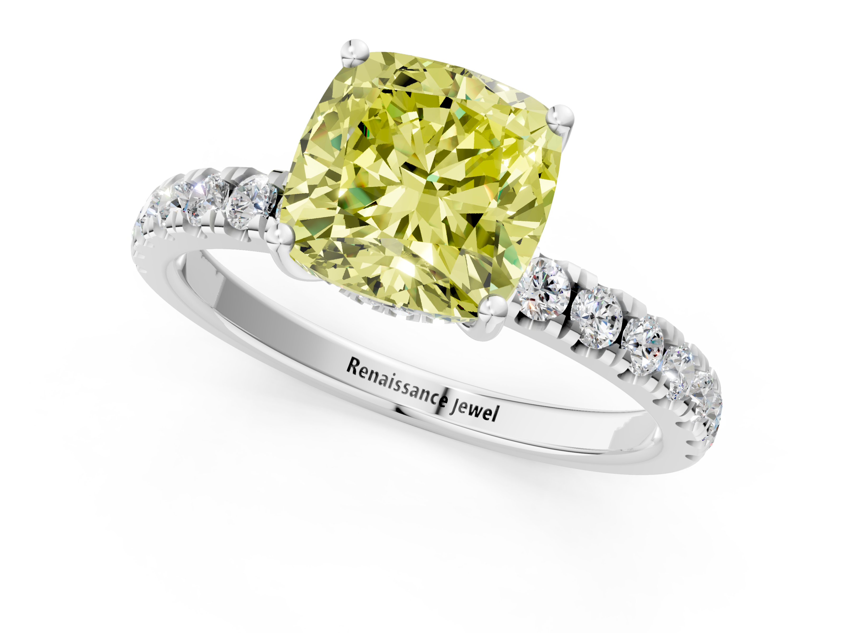 White gold Fancy Yellow Cushion  Cut Diamond Pave Band Solitaire Ring with Four-Prong Setting_25