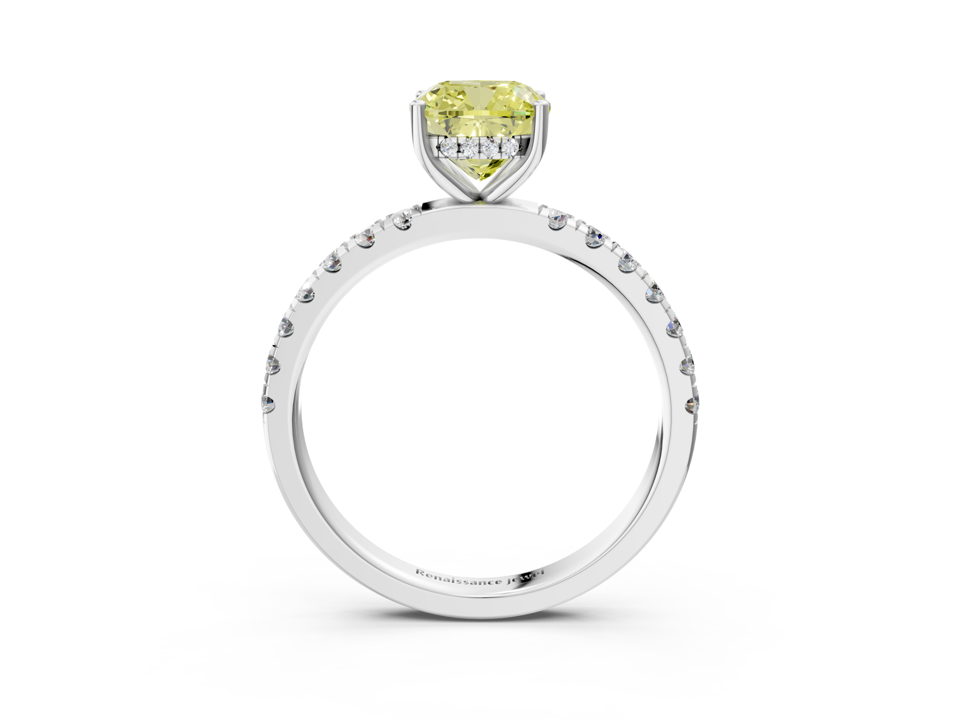 White gold Fancy Yellow Cushion  Cut Diamond Pave Band Solitaire Ring with Four-Prong Setting_27
