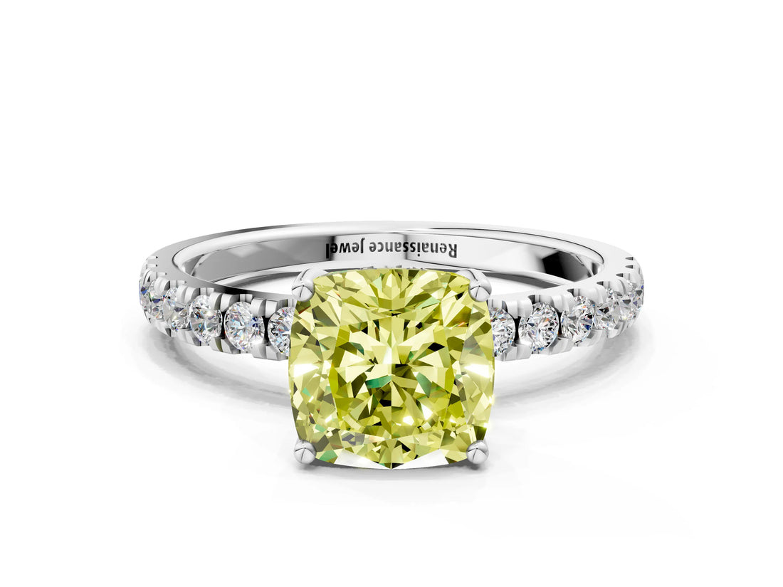 White gold Fancy Yellow Cushion Cut Diamond Pave Band Solitaire Ring with Round  and Prong Setting_130