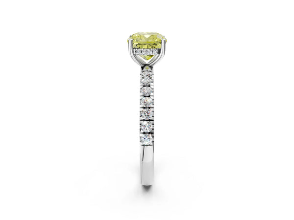 Platinum Fancy Yellow Cushion Cut Diamond Pave Band Solitaire Ring with Round  and Prong Setting