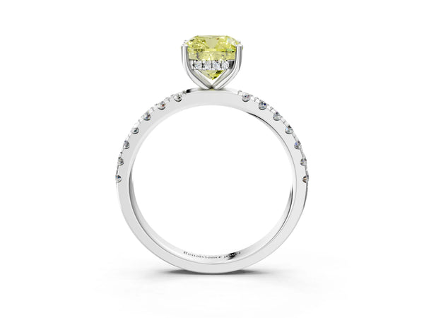 Platinum Fancy Yellow Cushion Cut Diamond Pave Band Solitaire Ring with Round  and Prong Setting