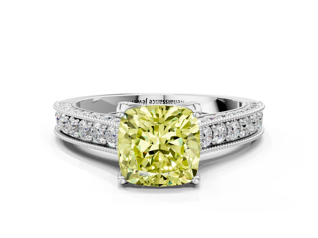 White gold Fancy Yellow Cushion  Cut Diamond Pave Band with Four-Prong Setting_20