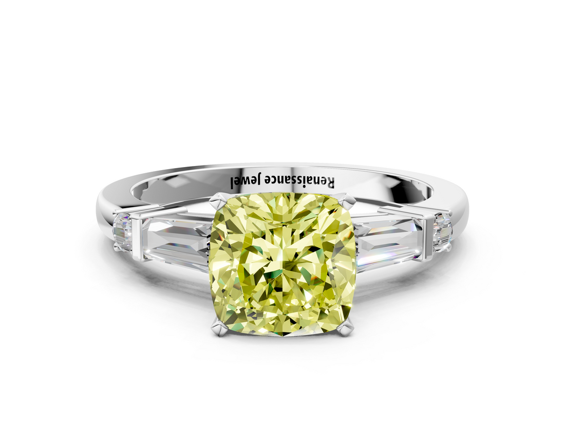 White gold Fancy Yellow Cushion  Cut Diamond Ring with Baguette Side Stones, Channel Set Band, and Four-Prong Setting_3