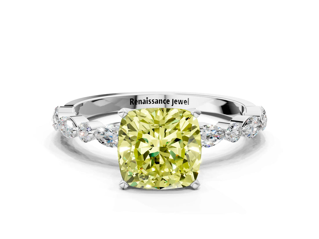 White gold Fancy Yellow Cushion Cut Diamond Ring with Marquise and Round  Side Stones and Four-Prong Setting_65