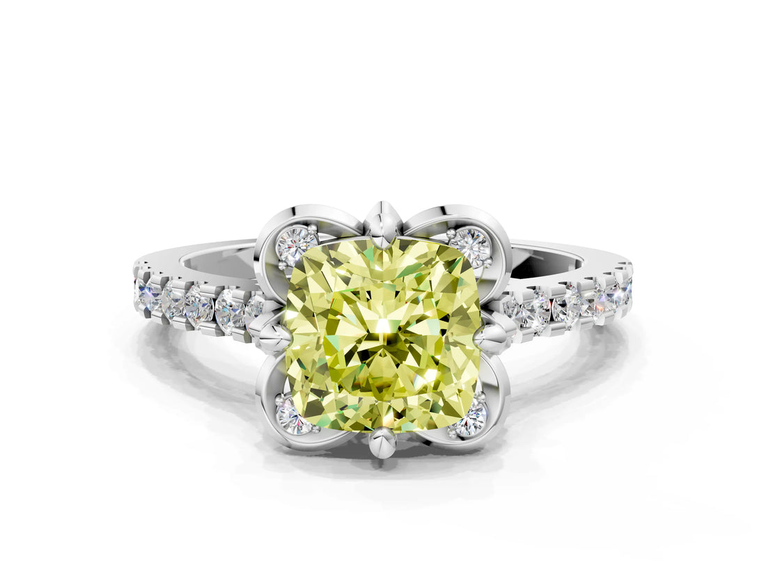 White gold Fancy Yellow Cushion Cut Diamond Ring with Pavé Band and Floral Prong Setting_39