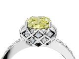 White gold Fancy Yellow Cushion Cut Diamond Scalloped Halo Engagement Ring with Round Shared Prong Band_17