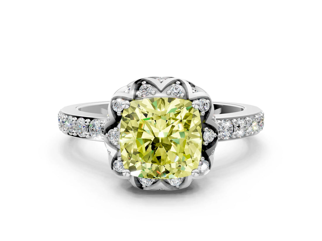 White gold Fancy Yellow Cushion Cut Diamond Scalloped Halo Engagement Ring with Round Shared Prong Band_19