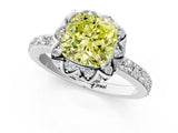 White gold Fancy Yellow Cushion Cut Diamond Scalloped Halo Engagement Ring with Round Shared Prong Band_20