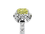 White gold Fancy Yellow Cushion Cut Diamond Scalloped Halo Engagement Ring with Round Shared Prong Band_24