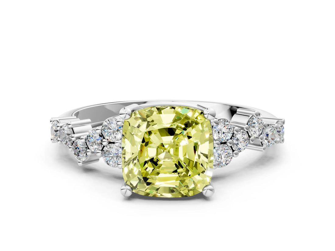 White gold Fancy Yellow Cushion Cut Diamond Scattered Round Accent Ring with Prong Setting_12