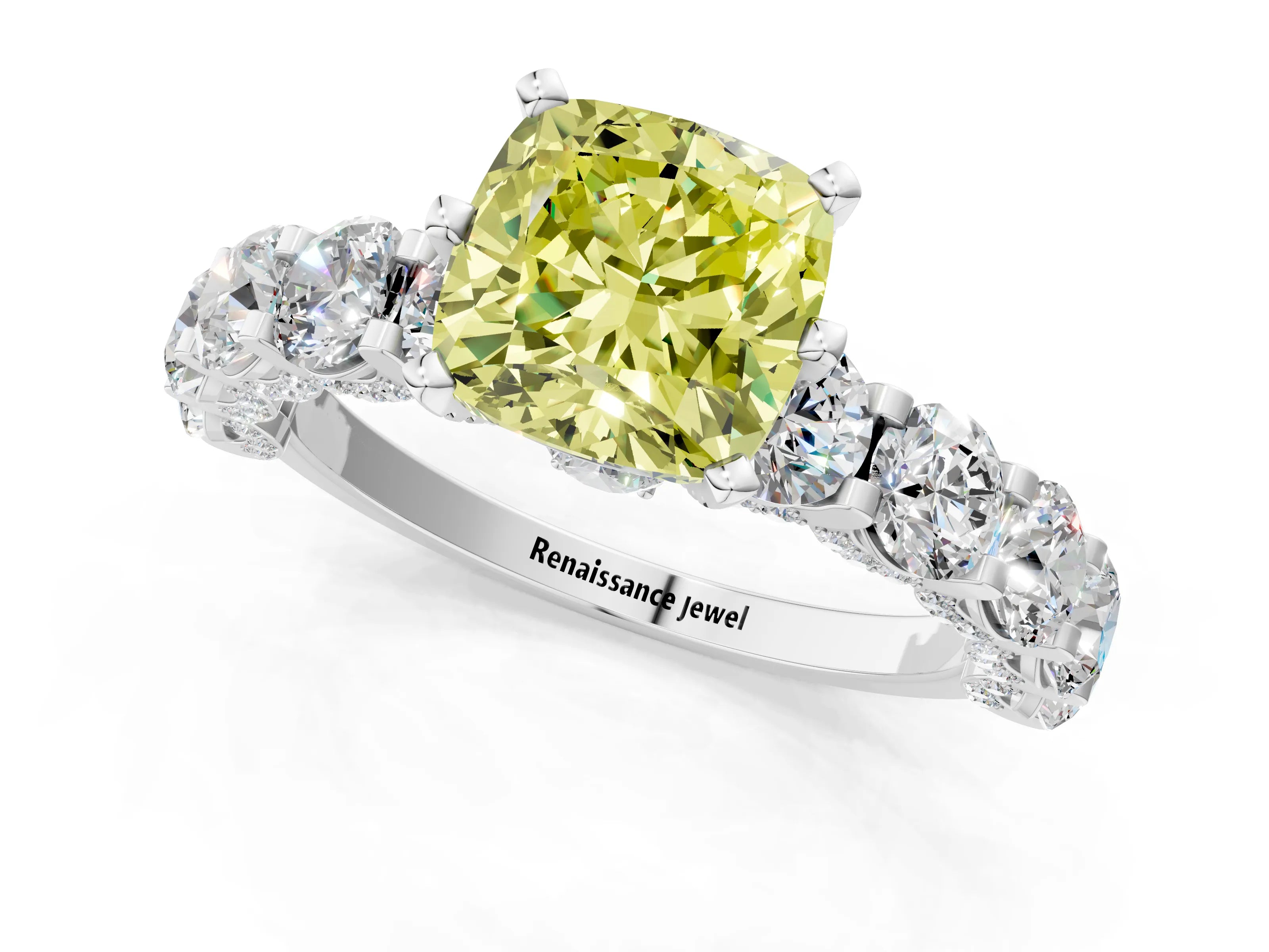 White gold Fancy Yellow Cushion Cut Diamond Side Stone Engagement Ring with Four-Prong Setting_38