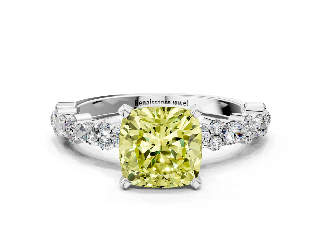 White gold Fancy Yellow Cushion Cut Diamond Side Stone Solitaire Ring with Round  and Four-Prong Setting_132