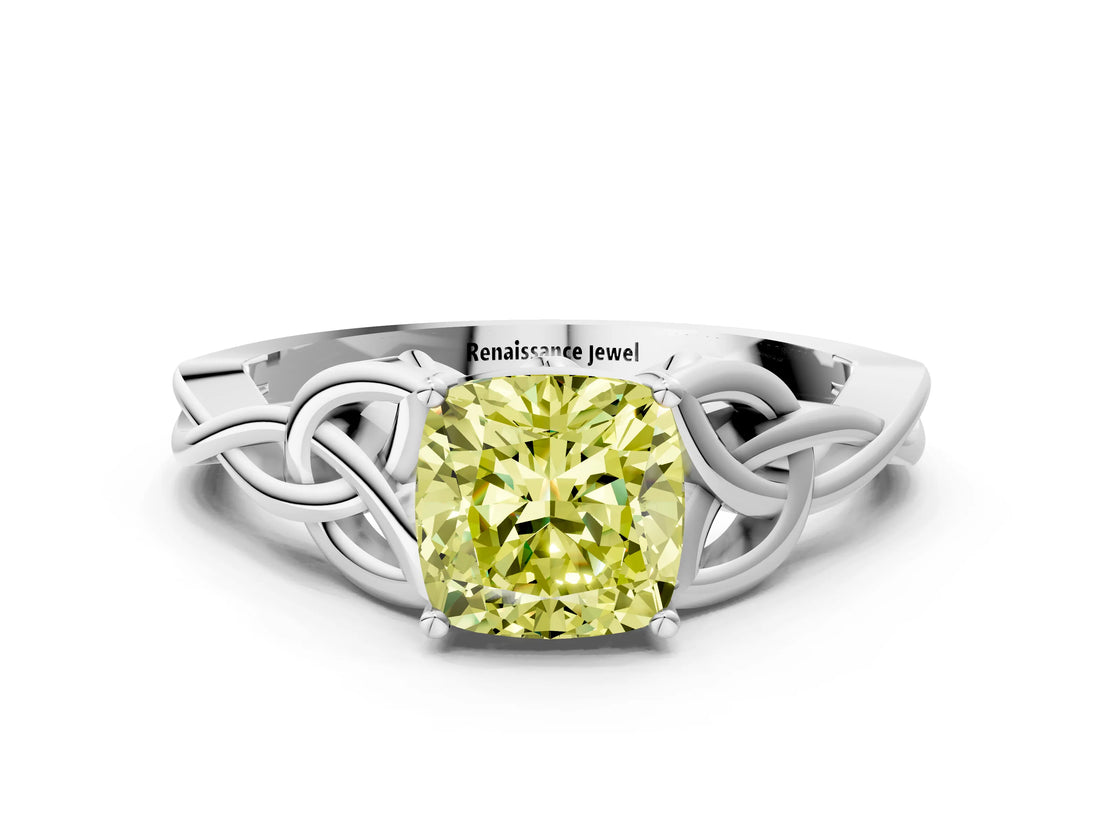 White gold Fancy Yellow Cushion Cut Diamond Solitaire Celtic Knot Ring with Four-Prong Setting_53