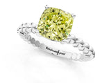 White gold Fancy Yellow Cushion Cut Diamond Solitaire Ring with Beaded Band and Prong Setting_393