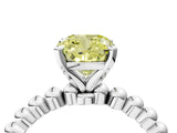 White gold Fancy Yellow Cushion Cut Diamond Solitaire Ring with Beaded Band and Prong Setting_396