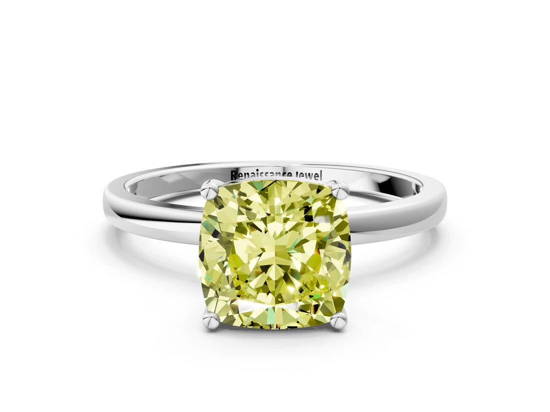 White gold Fancy Yellow Cushion Cut Diamond Solitaire Ring with Classic Band and Four-Prong Setting