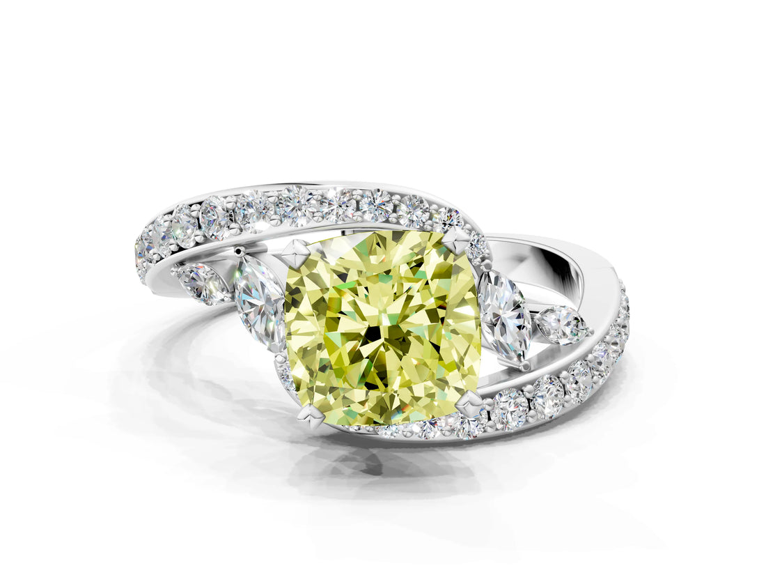 White gold Fancy Yellow Cushion Cut Diamond Solitaire Ring with Filigree Band and Four-Prong Setting_76