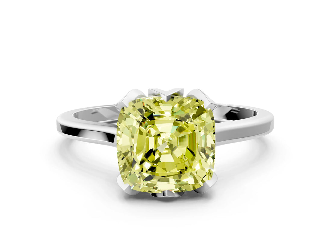 White gold Fancy Yellow Cushion Cut Diamond Solitaire Ring with Flower Prong Setting and Classic Band_129