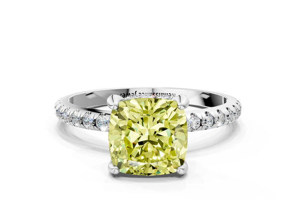 White gold Fancy Yellow Cushion Cut Diamond Solitaire Ring with Four-Prong Setting and Pavé Band