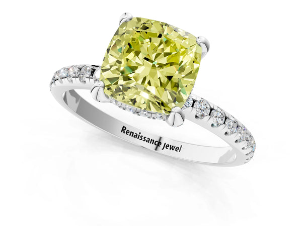 White gold Fancy Yellow Cushion Cut Diamond Solitaire Ring with Four-Prong Setting and Pavé Band