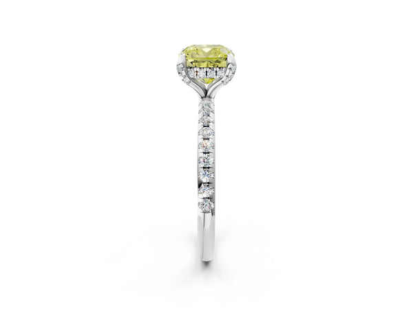 White gold Fancy Yellow Cushion Cut Diamond Solitaire Ring with Four-Prong Setting and Pavé Band