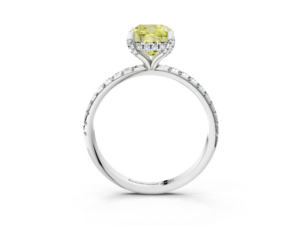 White gold Fancy Yellow Cushion Cut Diamond Solitaire Ring with Four-Prong Setting and Pavé Band