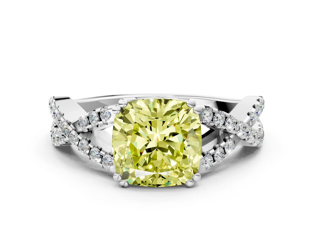 White gold Fancy Yellow Cushion Cut Diamond Solitaire Ring with Four-Prong Setting and Twisted Pavé Band_68