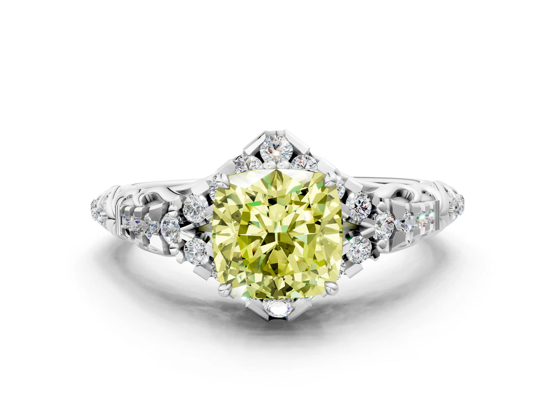 White gold Fancy Yellow Cushion Cut Diamond Solitaire Ring with Hidden Halo and Pavé Band_39