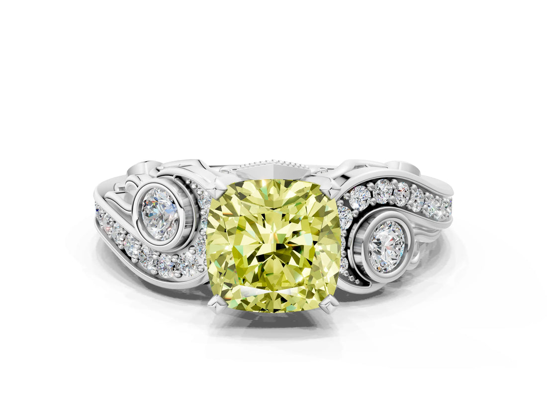 White gold Fancy Yellow Cushion Cut Diamond Solitaire Ring with Milgrain Pavé Band and Four-Prong Setting_208