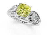White gold Fancy Yellow Cushion Cut Diamond Solitaire Ring with Milgrain Pavé Band and Four-Prong Setting_209