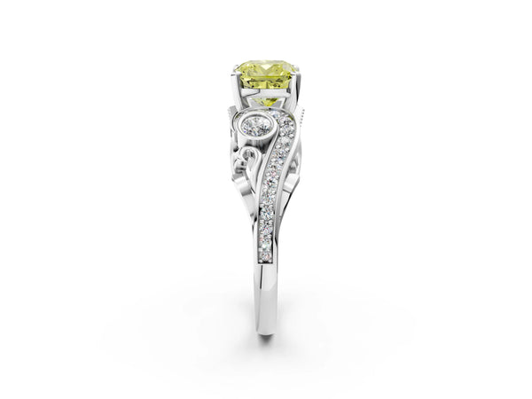 White gold Fancy Yellow Cushion Cut Diamond Solitaire Ring with Milgrain Pavé Band and Four-Prong Setting