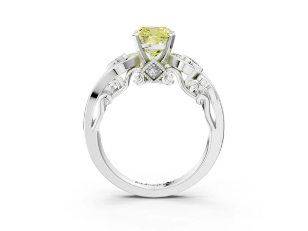 White gold Fancy Yellow Cushion Cut Diamond Solitaire Ring with Milgrain Pavé Band and Four-Prong Setting