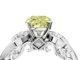 White gold Fancy Yellow Cushion Cut Diamond Solitaire Ring with Milgrain Pavé Band and Four-Prong Setting_212