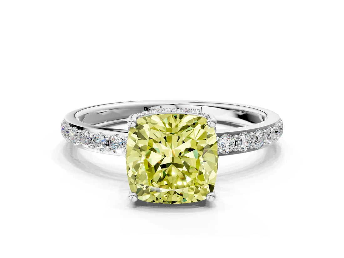 White gold Fancy Yellow Cushion Cut Diamond Solitaire Ring with Pavé Band and Hidden Halo_33