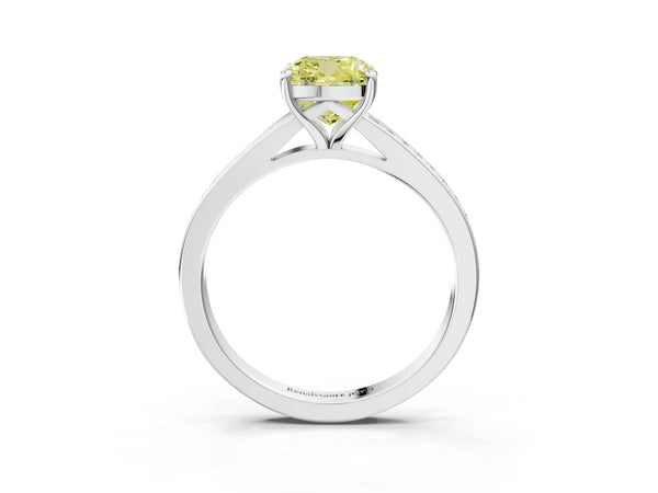 White gold Fancy Yellow Cushion Cut Diamond Solitaire Ring with Pavé Band and Prong Setting