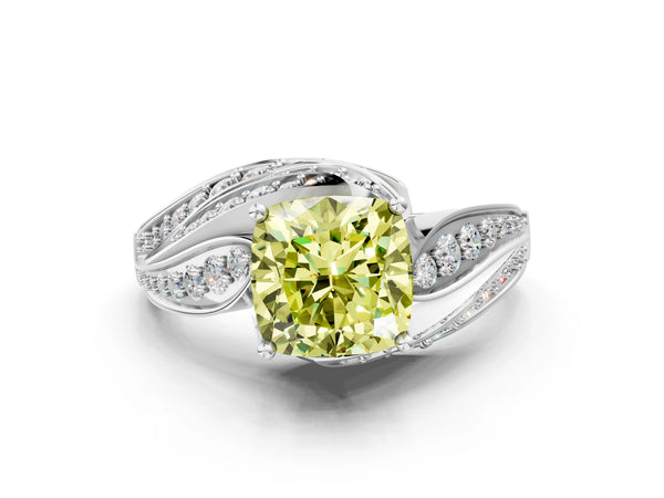 Platinum Fancy Yellow Cushion Cut Diamond Solitaire Ring with Prong Setting and Twisted Pavé Band
