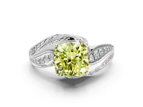White gold Fancy Yellow Cushion Cut Diamond Solitaire Ring with Prong Setting and Twisted Pavé Band_12
