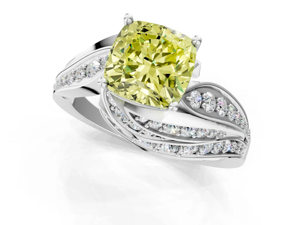 Platinum Fancy Yellow Cushion Cut Diamond Solitaire Ring with Prong Setting and Twisted Pavé Band