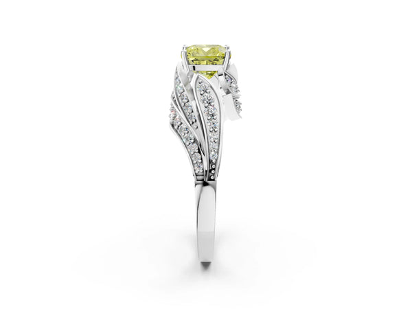 Platinum Fancy Yellow Cushion Cut Diamond Solitaire Ring with Prong Setting and Twisted Pavé Band
