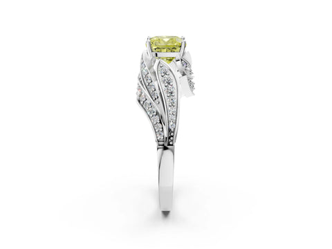 White gold Fancy Yellow Cushion Cut Diamond Solitaire Ring with Prong Setting and Twisted Pavé Band_14