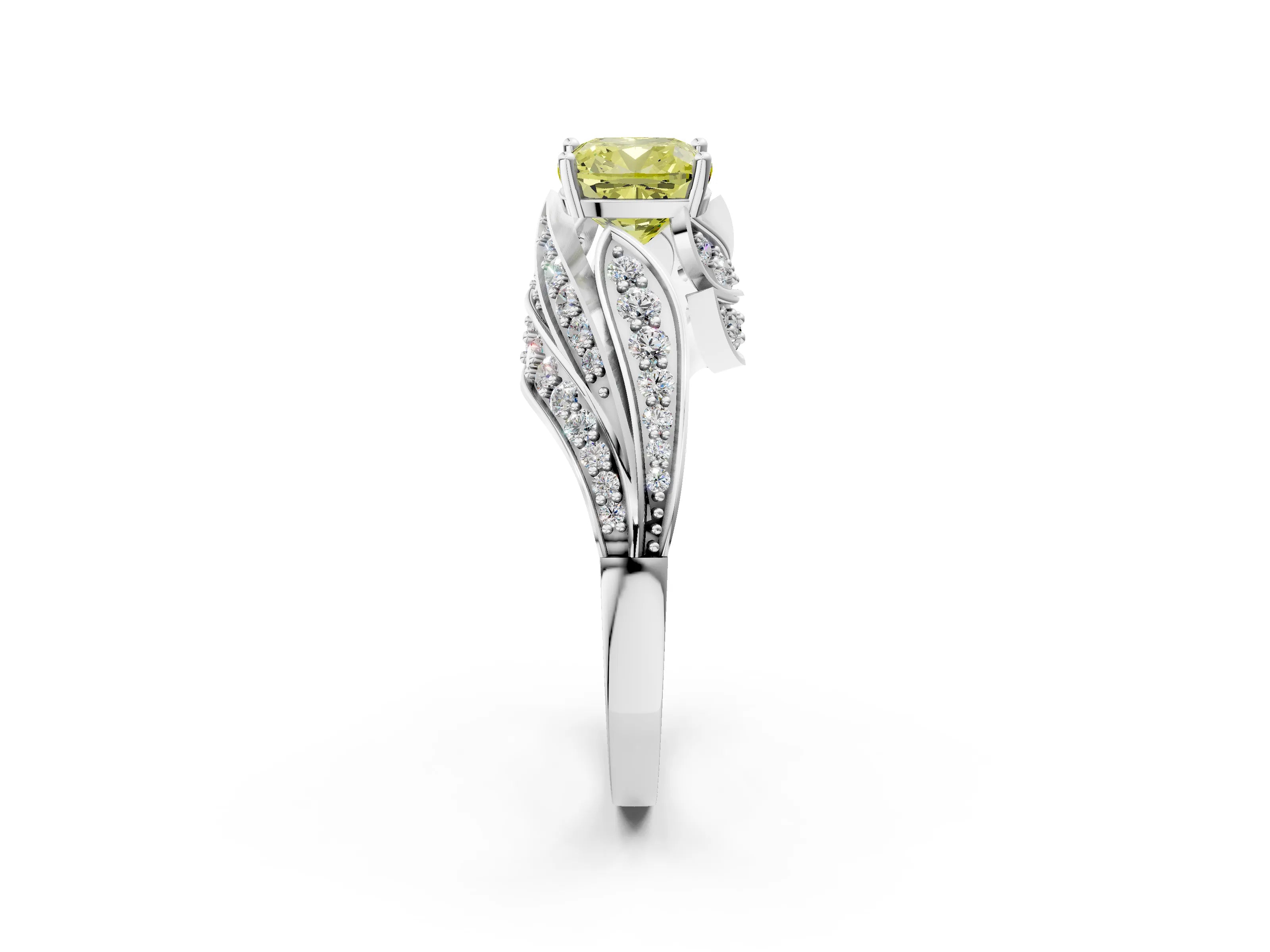 White gold Fancy Yellow Cushion Cut Diamond Solitaire Ring with Prong Setting and Twisted Pavé Band_14