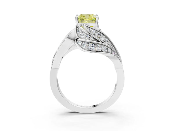 Platinum Fancy Yellow Cushion Cut Diamond Solitaire Ring with Prong Setting and Twisted Pavé Band